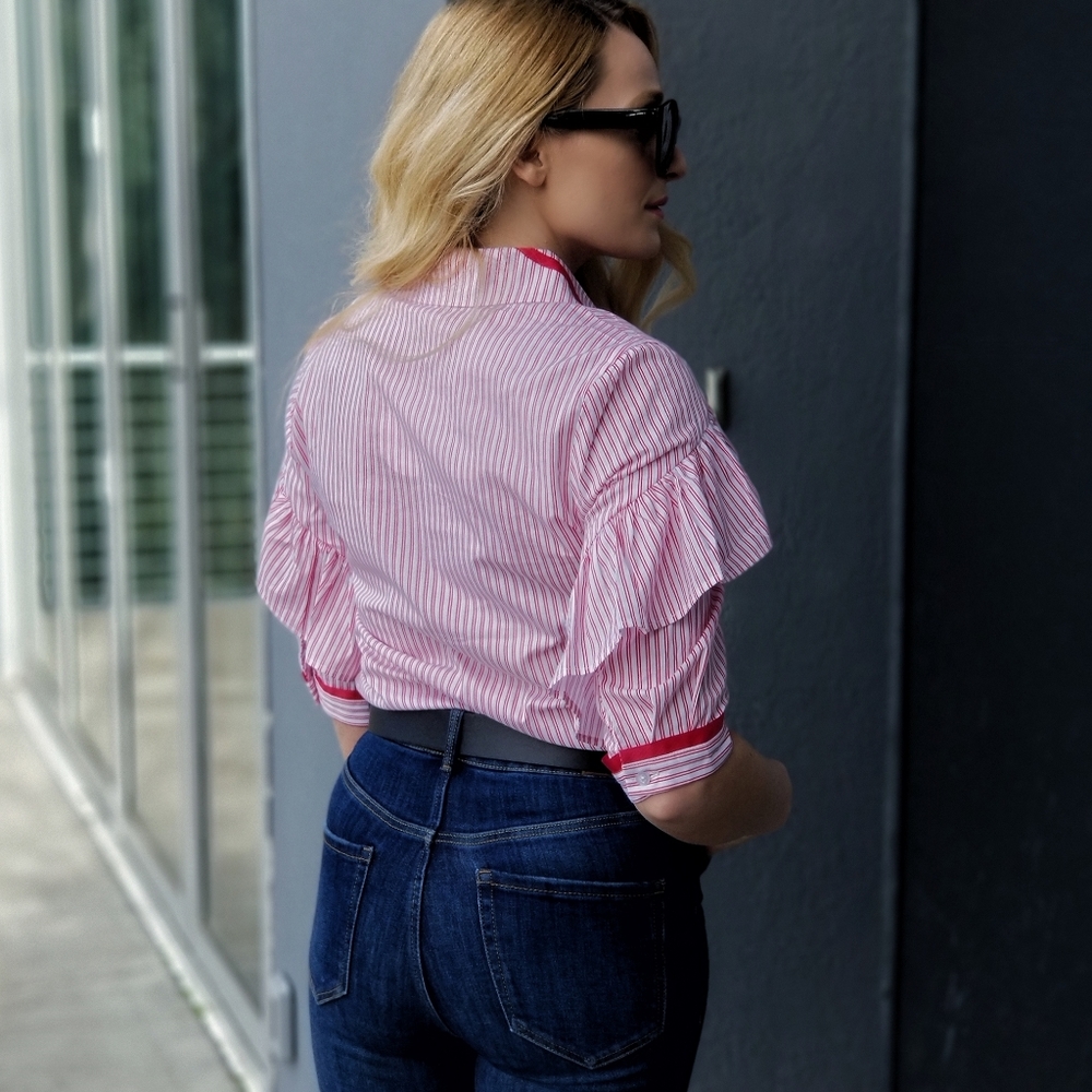 Video! Stripes & Ruffles Button Down Top - Picture 5 of 6